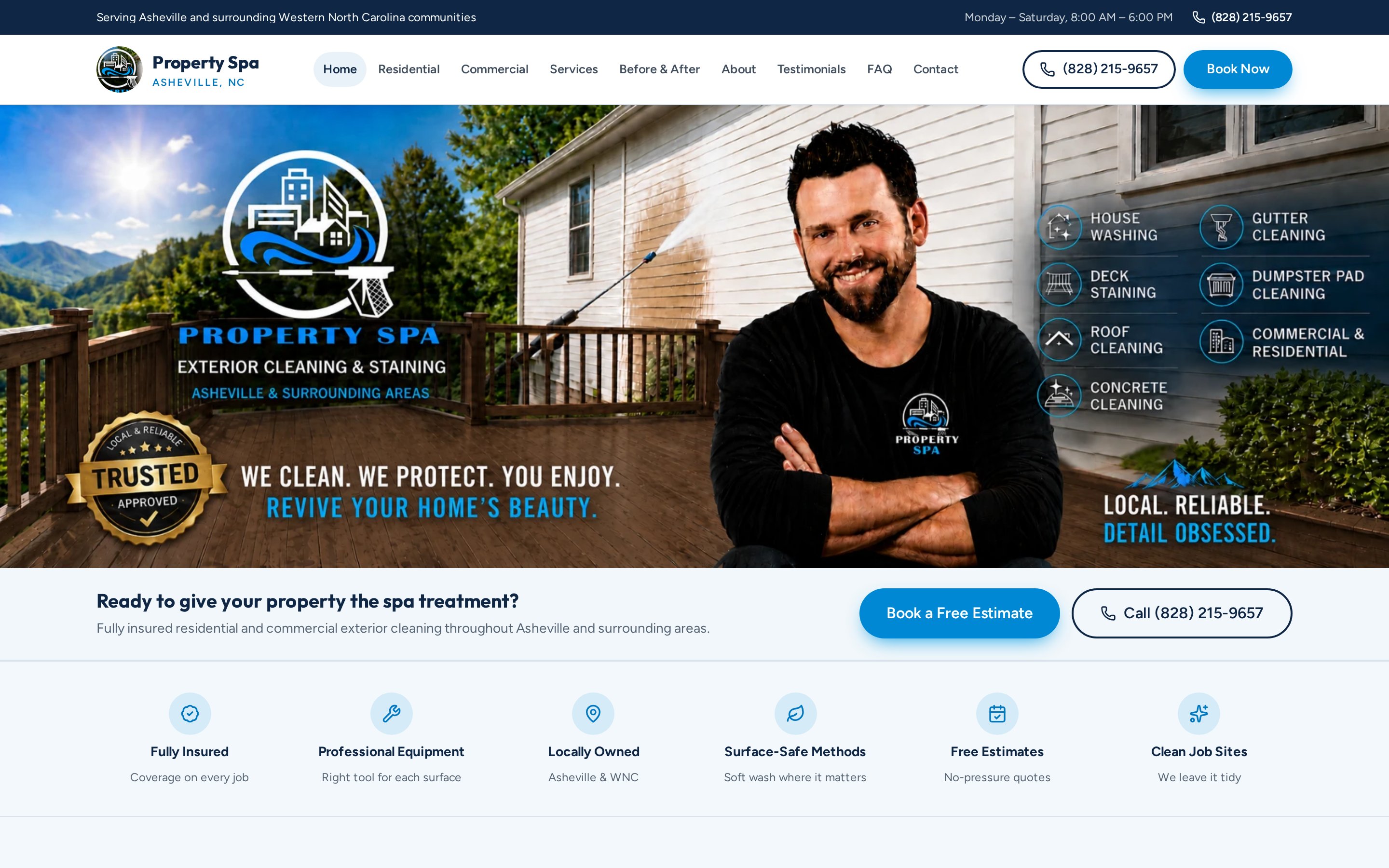 Property Spa website homepage — exterior cleaning and deck staining in Asheville