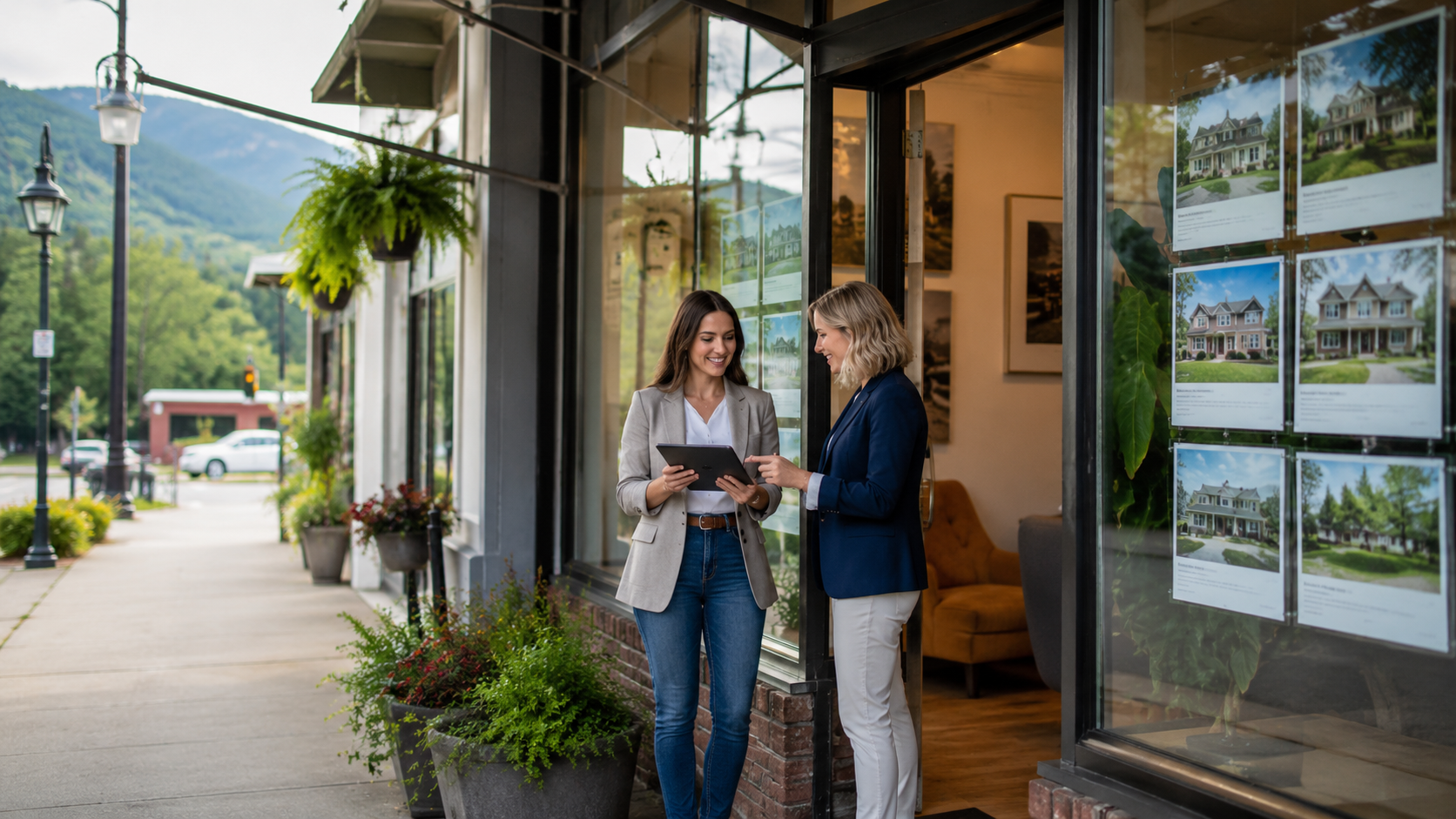 Real estate agents outside a downtown storefront office