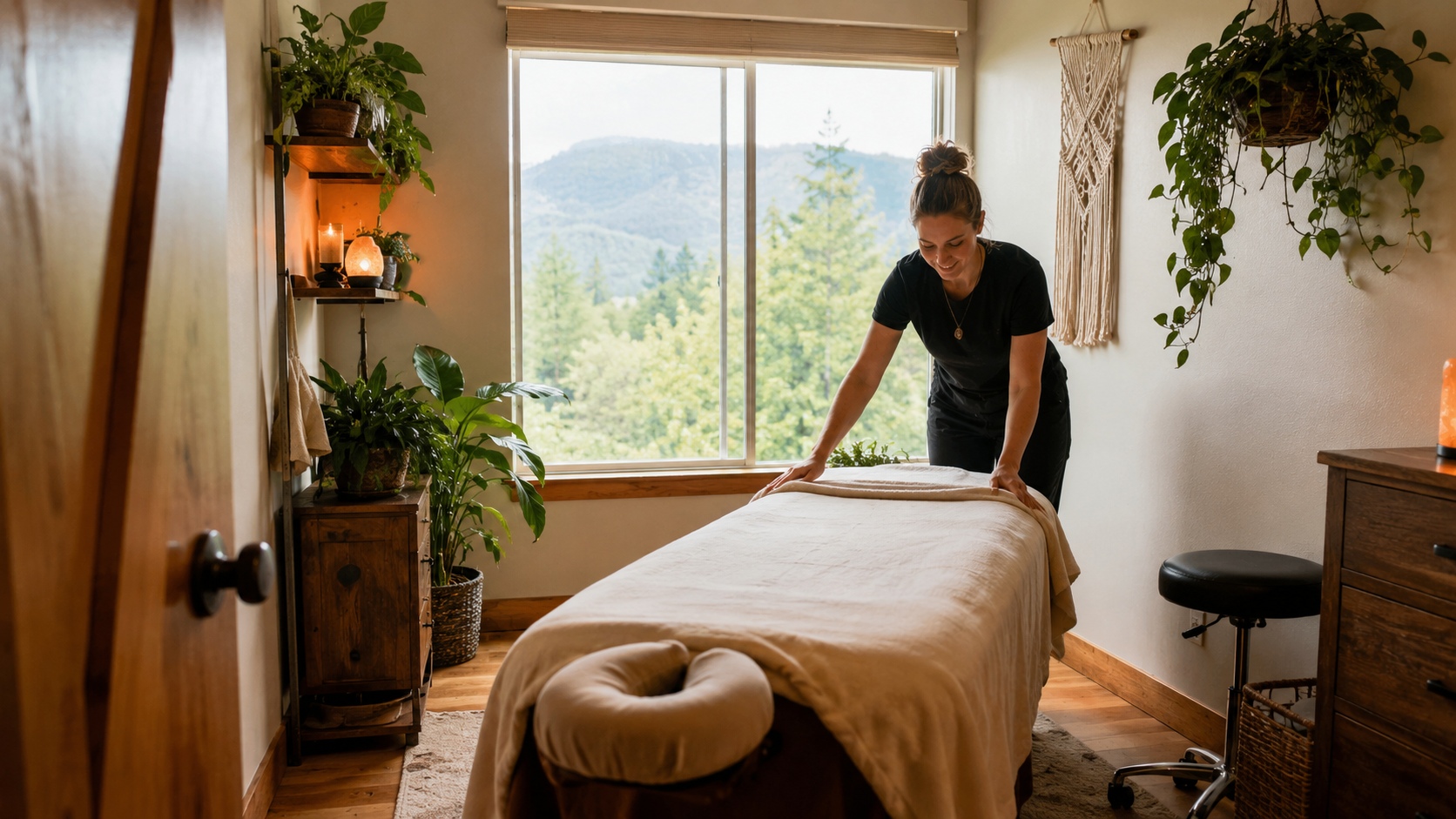 Massage therapist preparing a treatment room with mountain views