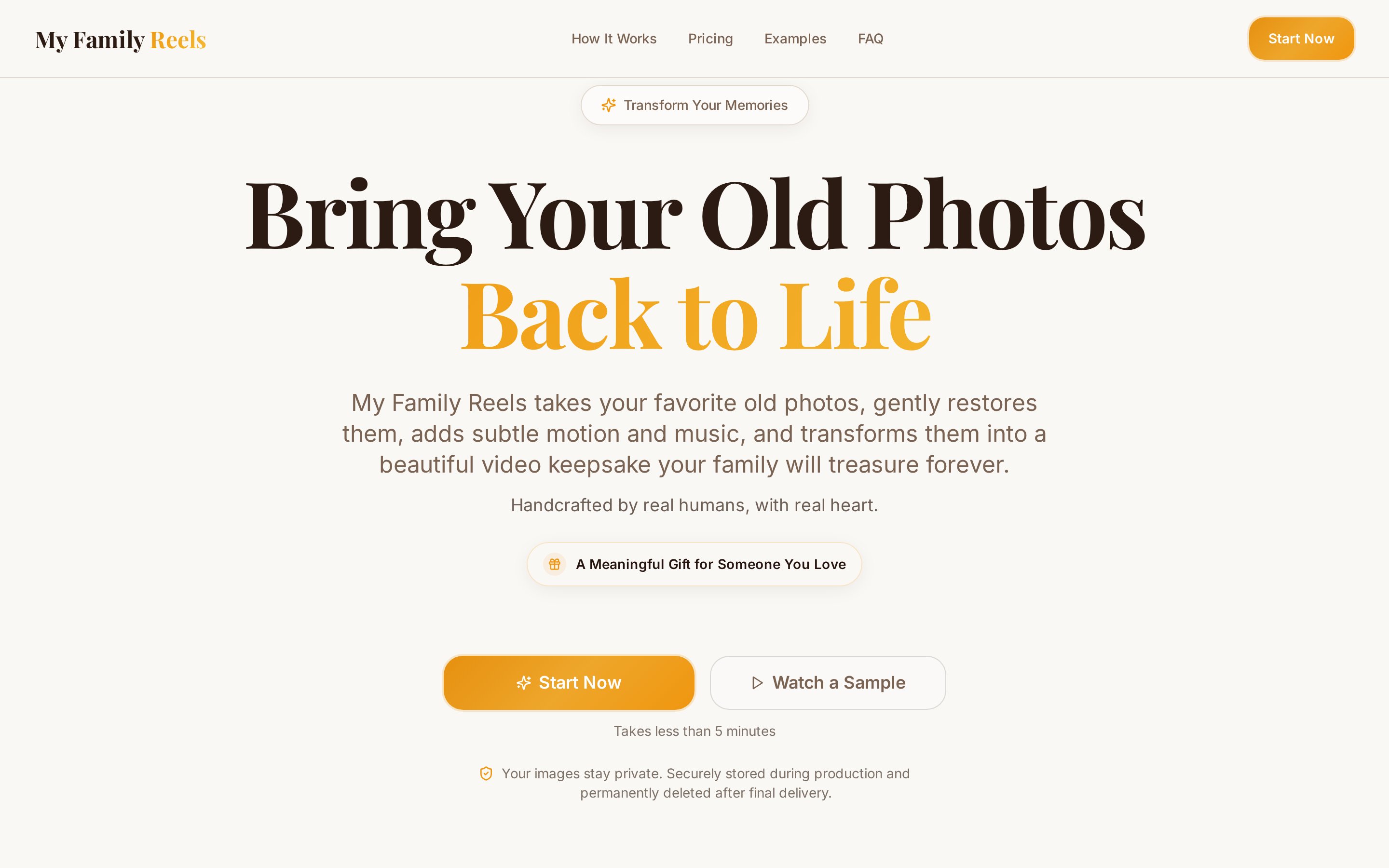 MyFamilyReels website homepage — photo restoration and video keepsake platform