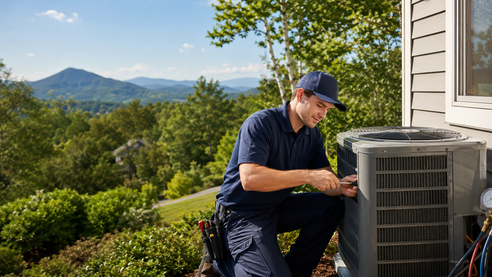 HVAC technician servicing a home unit in the mountains