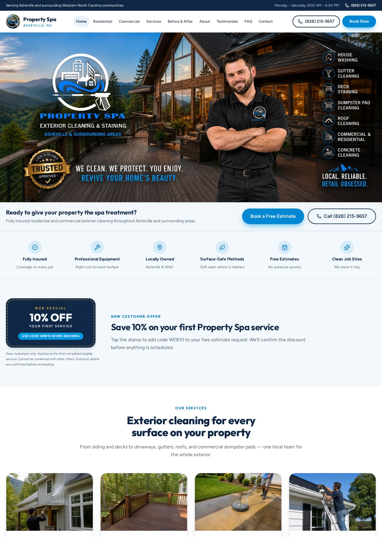 Property Spa website homepage — exterior cleaning and deck staining in Asheville