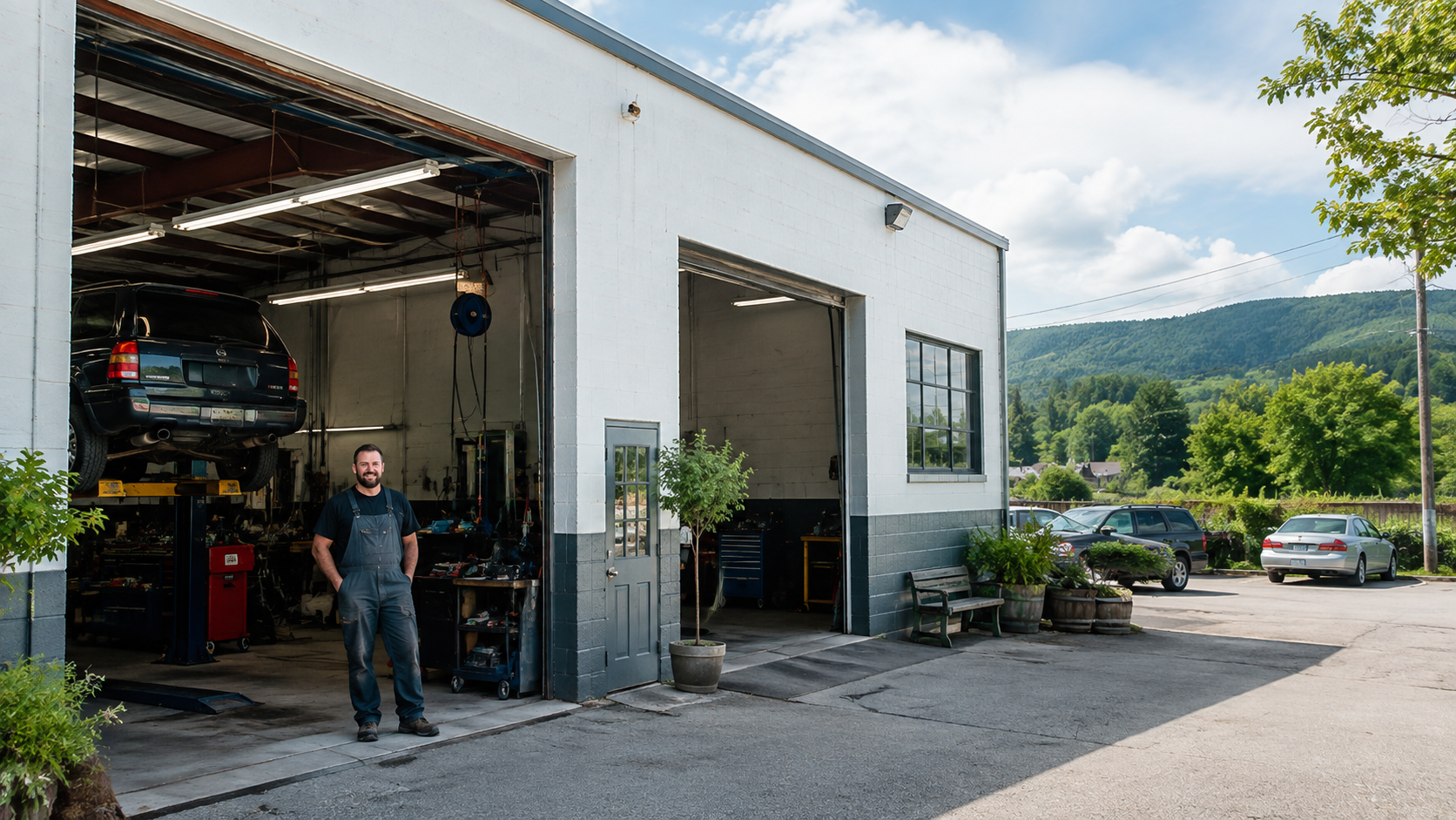 Owner of a local auto repair shop outside his garage
