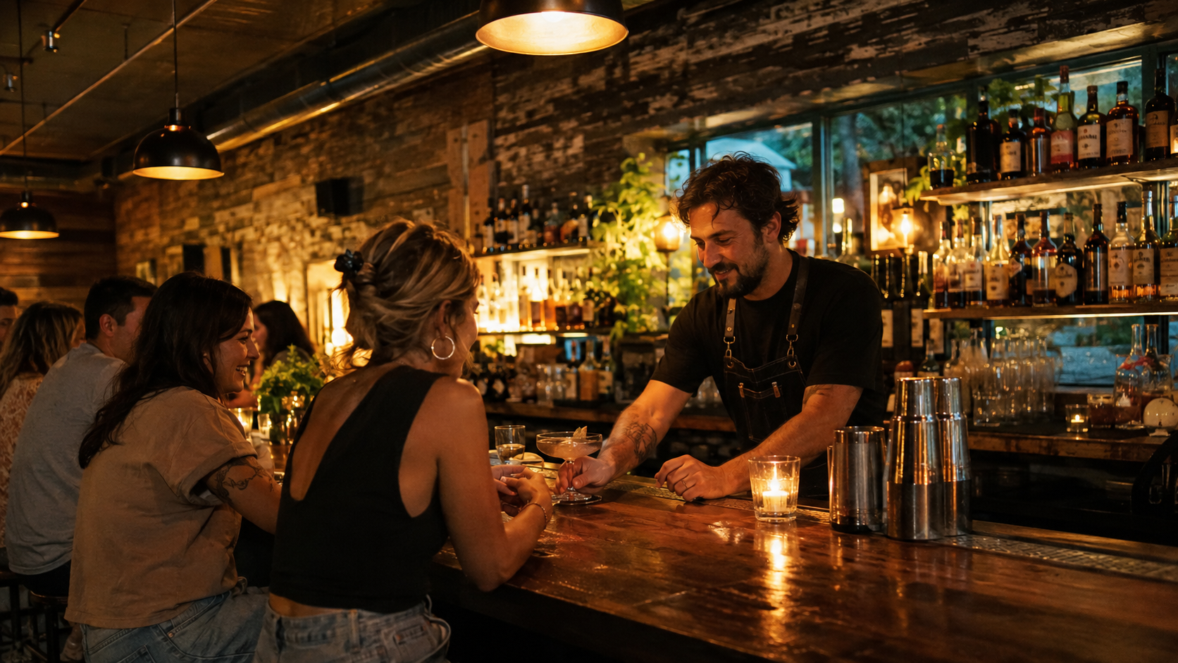 Bartender serving cocktails at a warm local lounge