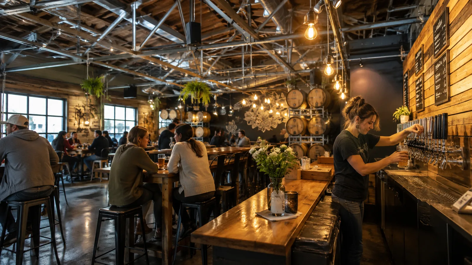 Bartender pouring a beer at a local Asheville taproom