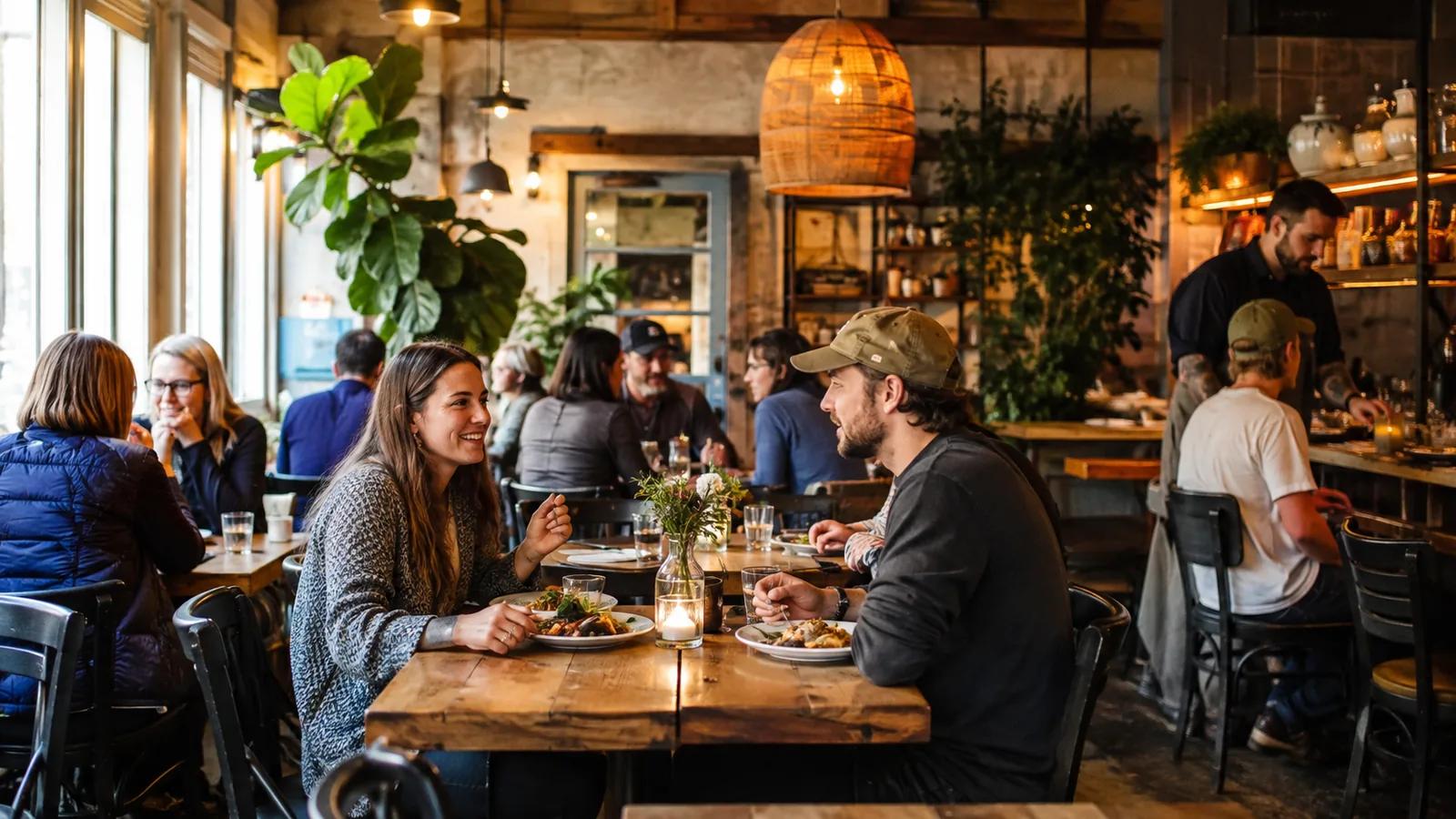 Diners enjoying a meal at a local Asheville restaurant